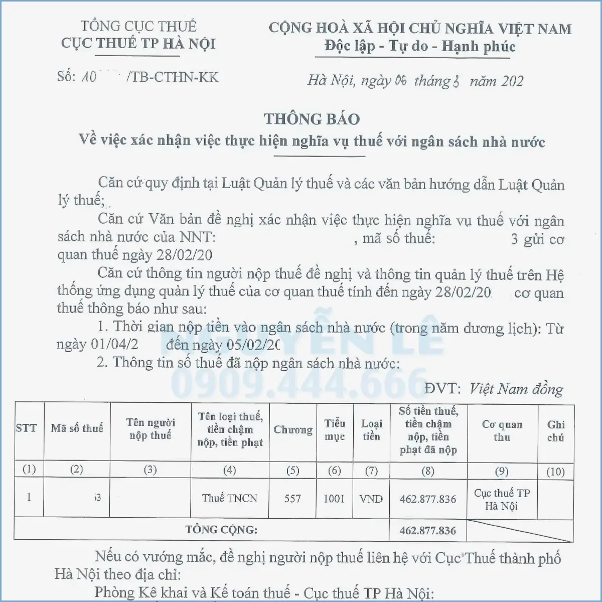 giấy xác nhận hoàn thành nghĩa vụ nộp thuế