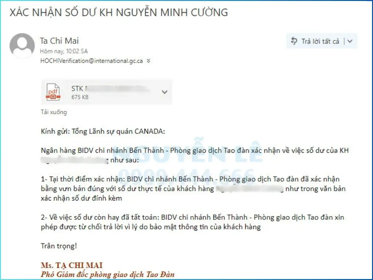 thư phản hồi xác nhận số dư của ngân hàng bidv gửi tổng lãnh sự quán canada